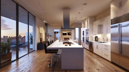 Obraz premium Bright kitchen with large island and modern appliances