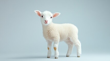 Fototapeta premium A cute baby lamb stands on all fours, its white fluffy coat gleaming in the light. The lamb's innocent eyes and gentle expression exude peace and tranquility, symbolizing purity, new beginnings, and t