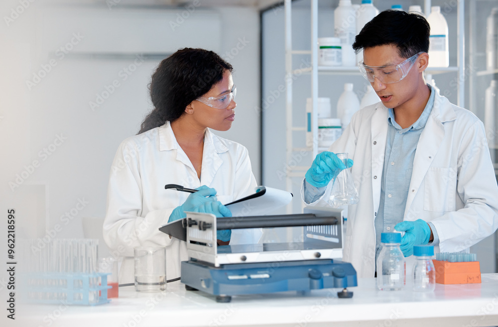 Poster scientist, container and teamwork in lab for research, biotechnology and healthcare vaccine developm