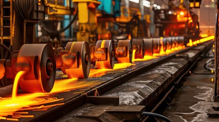 Close-up of a metal processing factory with hot metal being transported on rollers.