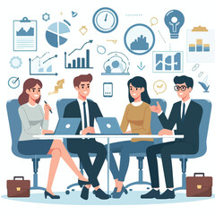 Partners meeting for business discussion with documents and laptop on desk. Couple at round table, speaking, discussing work, partnership. Flat vector illustration isolated on white background