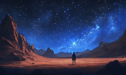 A lone figure silhouetted against a breathtaking starry night sky over a red desert landscape