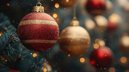 Fototapeta premium Red and Gold Christmas Ornament on a Christmas Tree