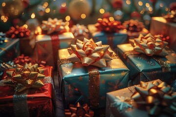 Several presents are wrapped in gold and red bows and bows