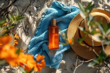 Hat and a sunscreen bottle of perfume on a beach