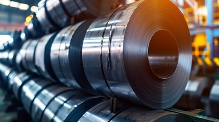 Closeup of metal coils stacked in a factory.