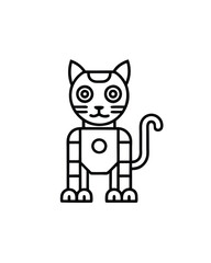 Line art illustration of a cyborg cat with large eyes, a robotic body, and a long tail.