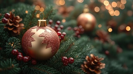 Golden Christmas Ornament on a Christmas Tree Branch