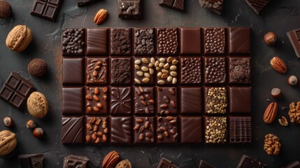 Many different types of chocolates and nuts on this table, world chocolate day