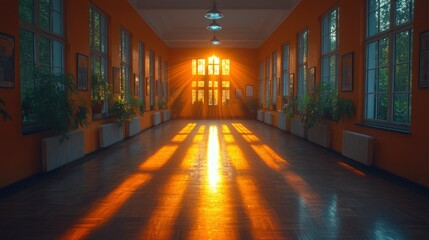 Sunlight Streaming Through Windows in a Long Hallway