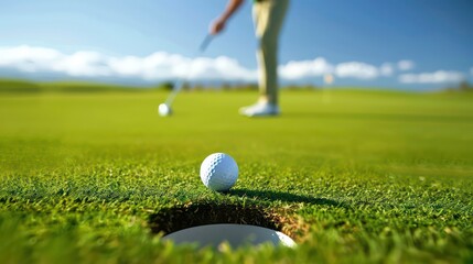 Close-up view of a golf ball about to be putted into the hole on a green golf course, with a golfer in the background.