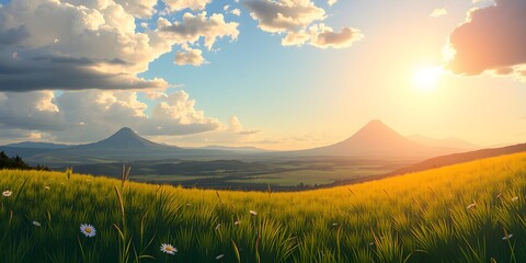 Sunlit Meadow with Volcanic Eruption in the Distance