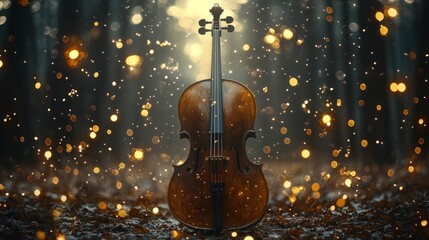 classical wooden cello as the central element, set against a minimalistic and soft background with subtle golden or light blue tones.
