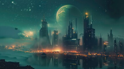 A futuristic city skyline with tall buildings, a green planet in the sky, and a starry night.