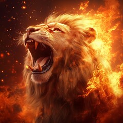 Naklejka premium Powerful roaring lion surrounded by intense flames and fire with a dramatic backdrop