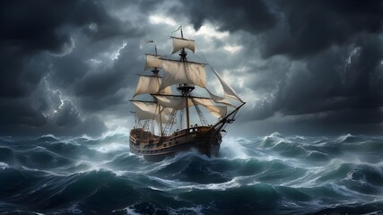 Fototapeta premium Sailboat atop tall waves, Pirate ship in a stormy sea, and ship on the high seas In the eerie sea Ocean waves during a strong storm A vessel in the sea 
