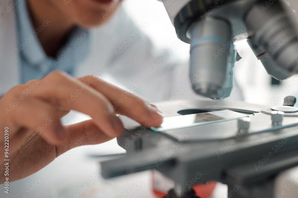 Poster Hands, slide and science closeup for microscope, biotechnology and monkeypox vaccine development. Scientist person, healthcare and study for stem cell, genes editing or microbiome research in lab