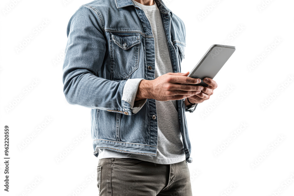 Sticker a man in a denim jacket is holding a tablet