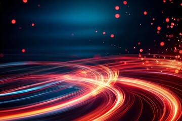 Obraz premium A mesmerizing abstract background with swirling red light trails on a deep blue canvas. The trails resemble flowing energy, creating a sense of motion and dynamism. The subtle sparkle of red dots adds