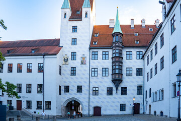 View of the Alter Hof (old court), the ducal city castle with gate tower and bay window from the 12th century in Munich's old town. 