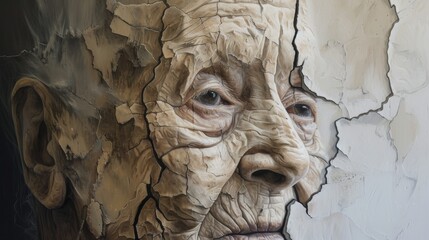 Detailed depiction of an elderly face in a sculpture, showing deep wrinkles and a cracked, peeling surface. The artwork captures the passage of time, reflecting on aging and the fragility of life
