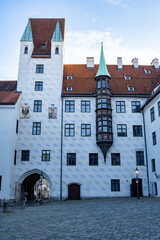 View of the Alter Hof (old court), the ducal city castle with gate tower and bay window from the 12th century in Munich's old town. 