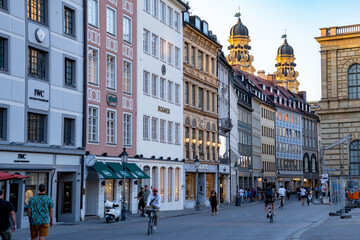 Munich, Germany, September 3, 2024. Theatinerstraße. Street with historic buildings, famous...
