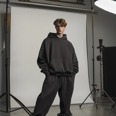 male model wearing a dark graphite oversized streetwear hoodie in a photo studio
