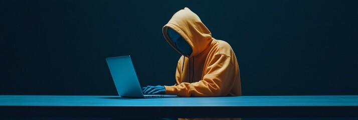 A person in a yellow hoodie sits in a dark room, their face obscured by the hood. They are using a laptop, their fingers typing on the keyboard. The image evokes a sense of secrecy, mystery, and possi