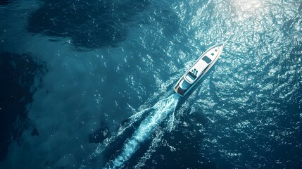 A top-down view of a luxury speedboat on the sea with sparkling blue water and sunlight. 
