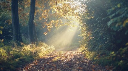 Fototapeta premium In a forest path, the sun filters down through the trees and scatters leaves on the ground below