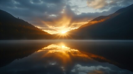   Water encircled by peaks under grey cloud, sun peeking thru, reflecting on surface