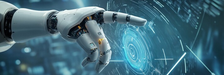 A robotic arm, a symbol of technological advancement, extends its finger towards a digital interface, representing the intersection of technology and innovation. The blue digital interface signifies t