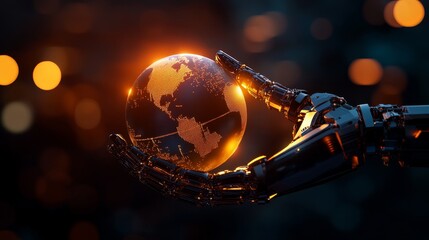 A robotic hand delicately cradles a glowing Earth, symbolizing the future of technology, AI's impact on the planet, the interconnectedness of humanity, the potential for both good and bad, and the imp