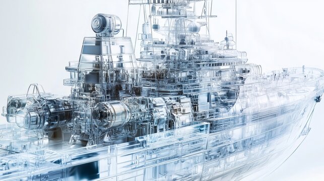 A detailed and realistic of a semi transparent modern ship, showcasing its exterior and visible