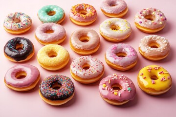A selection of donuts in various flavors, topped with colorful glazes and sprinkles, arranged on a pastel background