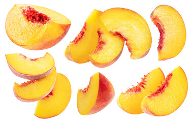 Set of ripe yellow juicy peach slices streaked with red isolated on white background. File contains clipping paths.