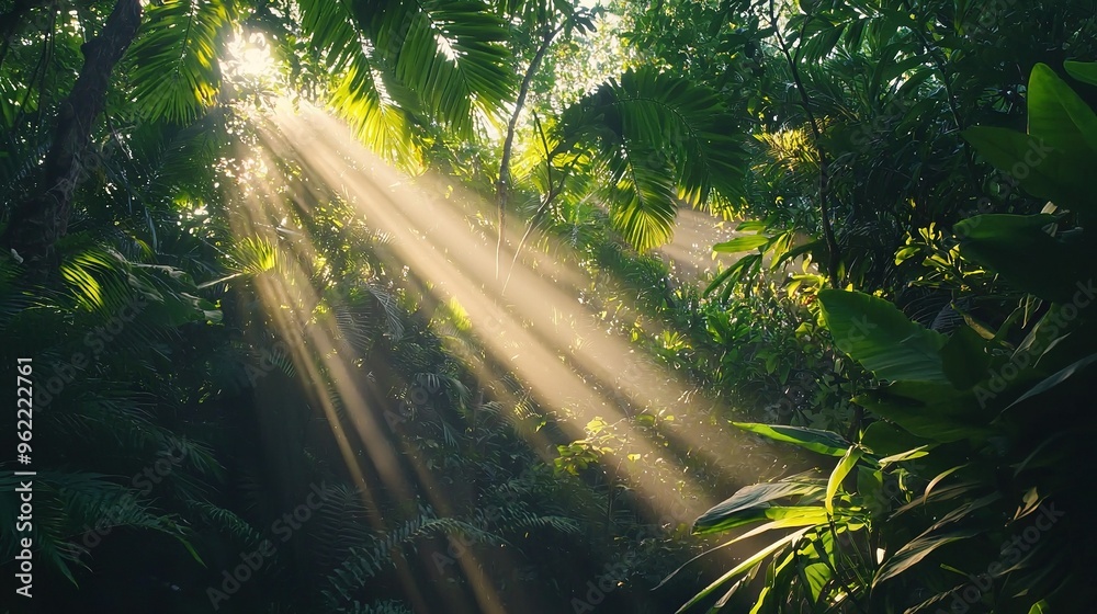 Sticker  Sunlight filters through a tropical tree in a dense green forest