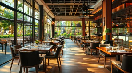 Empty restaurant tables with chairs and a view of lush greenery through large windows.