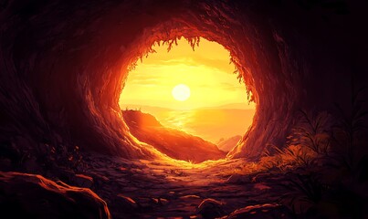 Fototapeta premium Cave Entrance Revealing a Sunset Over the Sea