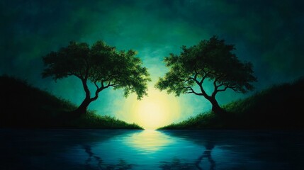 Obraz premium A serene landscape painting depicting three trees silhouetted against a twilight sky, their reflections mirroring in a tranquil lake. The scene evokes feelings of peace, serenity, and the beauty of na