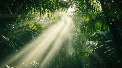   Sunlight pierces through palm fronds, casting beams in the foreground