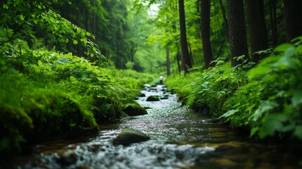Obraz premium A serene scene of a babbling brook flowing through a dense, verdant forest. The water is crystal clear, reflecting the lush greenery above. The path of the stream winds through the forest, suggesting 