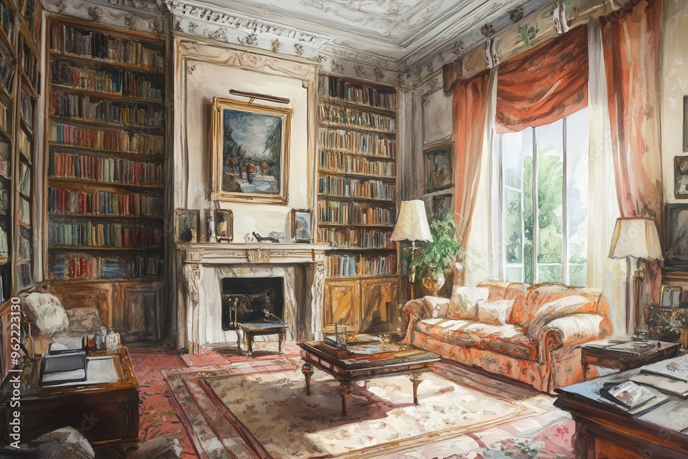 Wall mural a painting of a living room with a fireplace, a couch, and a large bookcase, generative ai image