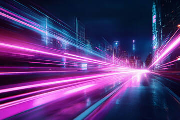 Obraz premium Abstract purple and pink light trails flowing horizontally across a dark futuristic cityscape, leaving a glowing, fluid motion effect.