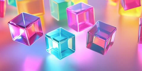 A series of vibrant cubes in neon colors floating slightly above a light metallic surface, casting soft, diffused shadows across the background.