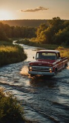 Retro pickup truck driving over a river during sunset.