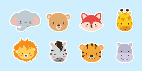 Cute set of stickers of safari animals and flowers. Savanna and safari funny cartoon sticker animals. 