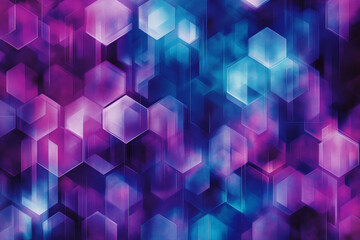 A vibrant purple and blue geometric pattern with overlapping hexagons and diamonds, creating a dynamic, futuristic feel.