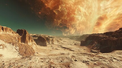   An artist's depiction of rugged terrain featuring a faraway celestial body above and another celestial body beyond the horizon